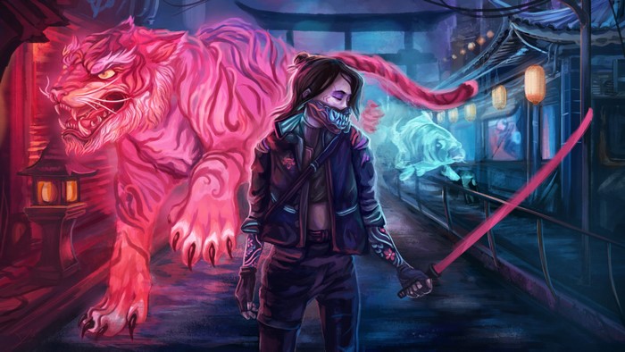 Cyberpunk girl with neon tiger and koi fish
