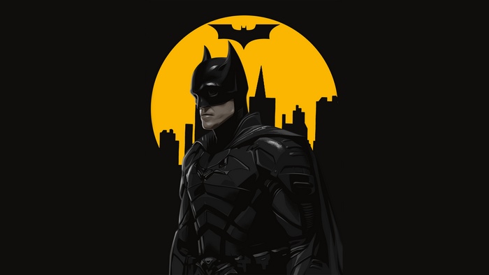 Batman from The Batman in front of Gotham City skyline