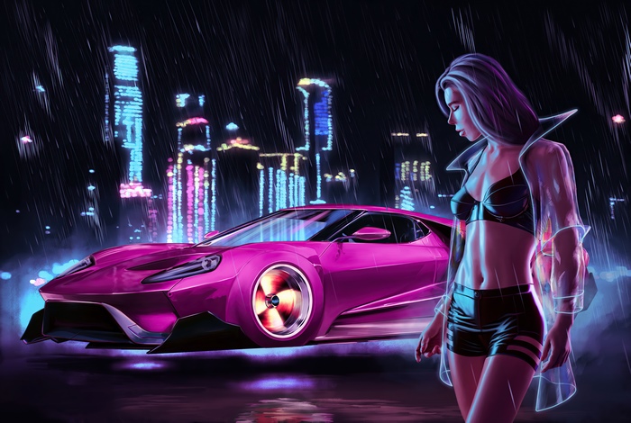 Cyberpunk woman and pink car in the rain