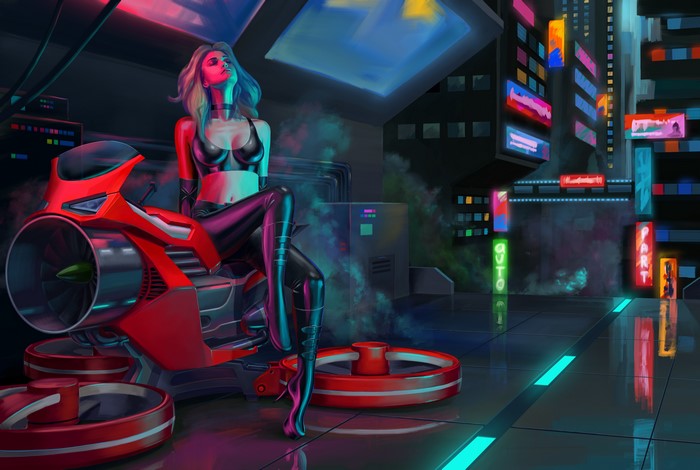 Cyberpunk woman on a futuristic motorcycle in a neon city
