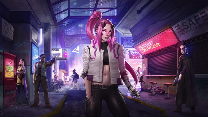 Cyberpunk 2077 characters in a neon-lit alley