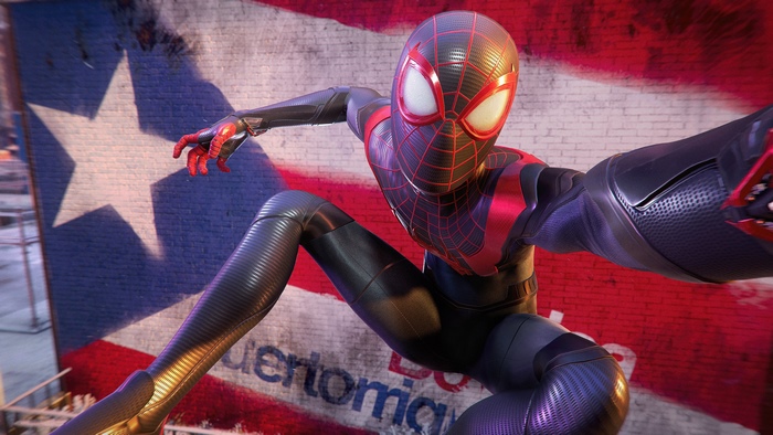 Miles Morales Spider-Man in front of Puerto Rico flag
