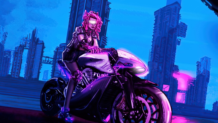 Cyberpunk biker girl on a motorcycle in a futuristic city