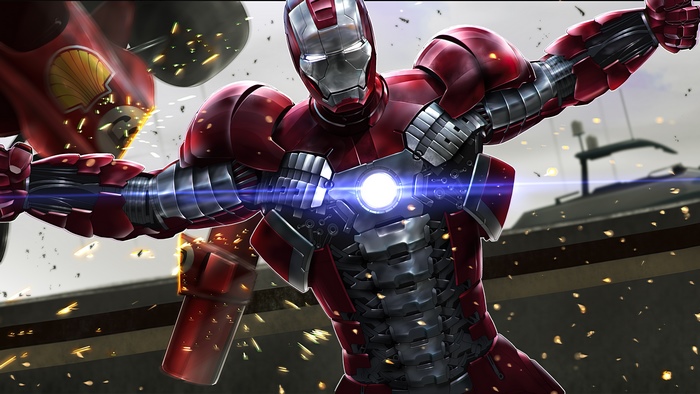 Iron Man in red armor with Shell logo