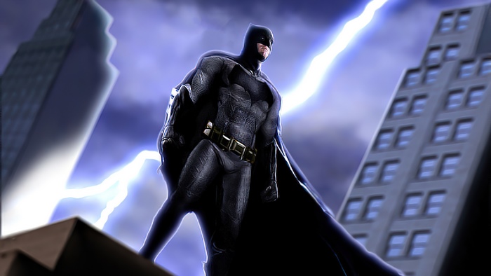 Batman standing on a rooftop during a lightning storm