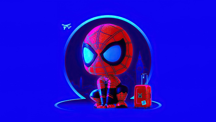 Spider-Man sitting with luggage and airplane in background