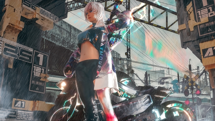 Cyberpunk girl with sword in rainy city 4K