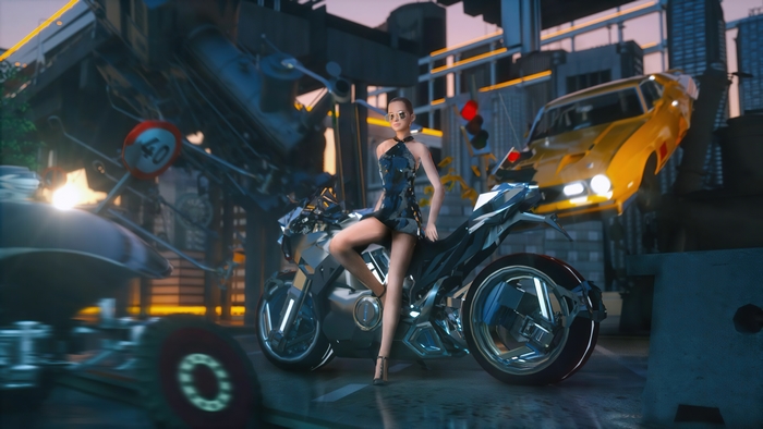 Woman on a motorcycle in a destroyed city 4K