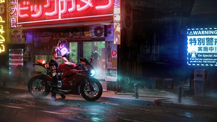 Cyberpunk Biker Girl in Neon City 4K