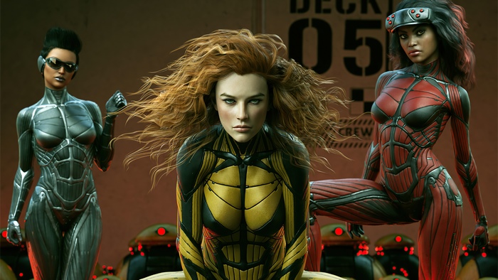 Three women in futuristic suits