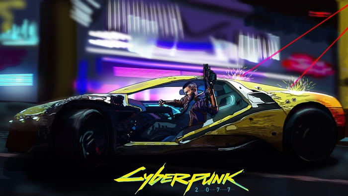 Cyberpunk 2077 art of a man driving a car