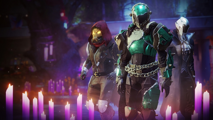 Destiny 2 characters in a spooky setting with candles