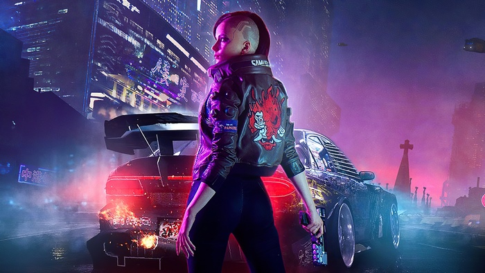 Woman in leather jacket with Cyberpunk 2077 logo and car