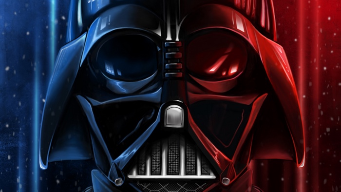 Darth Vader artwork split in blue and red