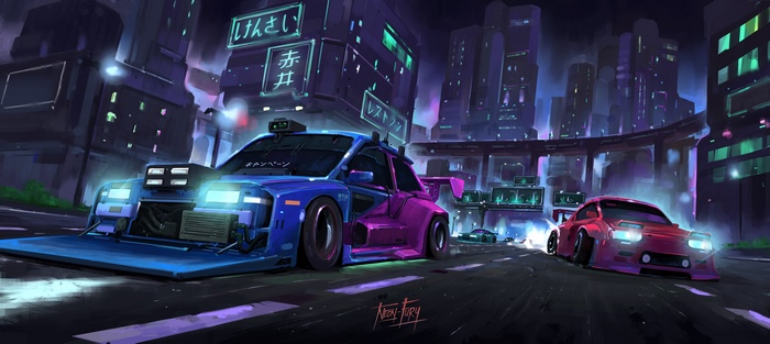 Cyberpunk Cars Racing in a Neon City