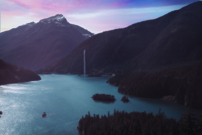 Lake Diablo with Mountains and Waterfall