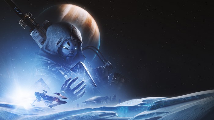 Destiny 2 Guardian on a snowy planet with Jupiter in the background