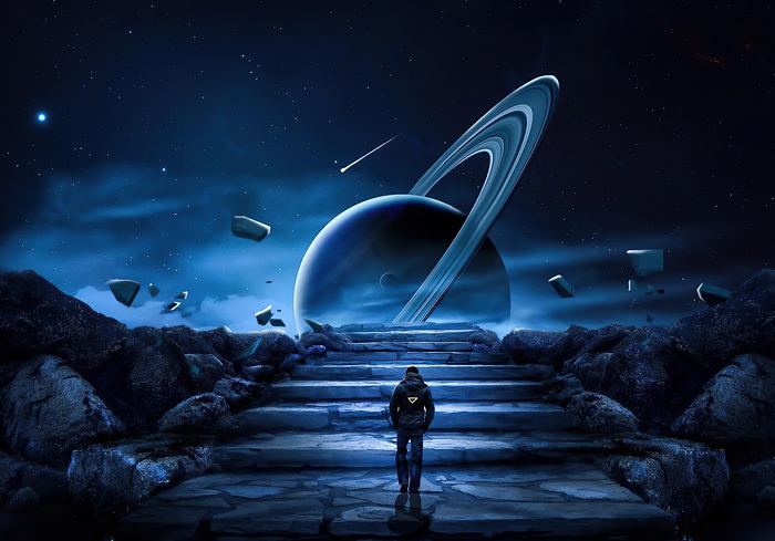 Man on stairs looking at Saturn in space