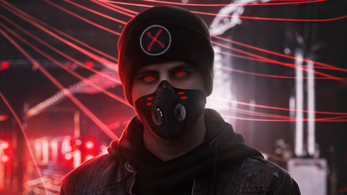 Man with red eyes and mask