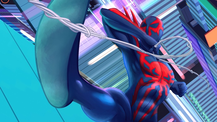 Spider-Man 2099 swinging through a futuristic city