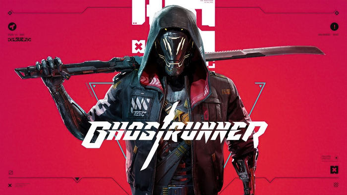 Ghostrunner game cover with cyborg ninja holding sword