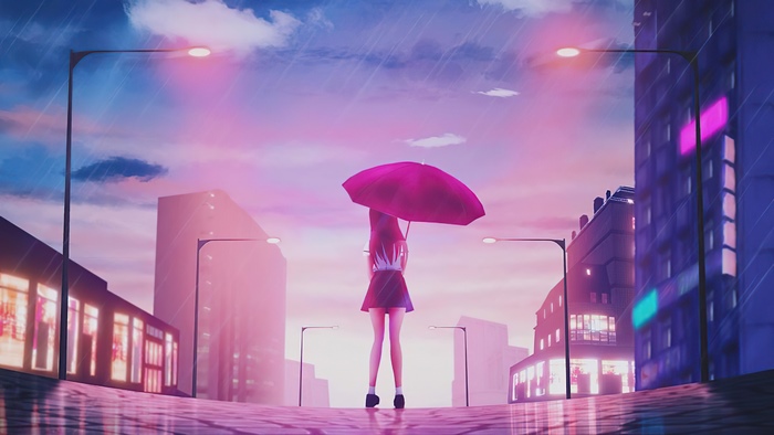Anime girl with umbrella in rainy city street 4K