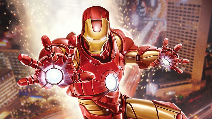 Iron Man artwork with city background