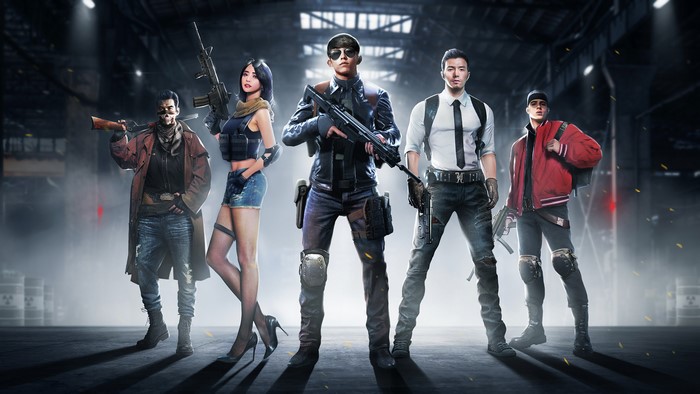 PUBG characters with weapons in a warehouse