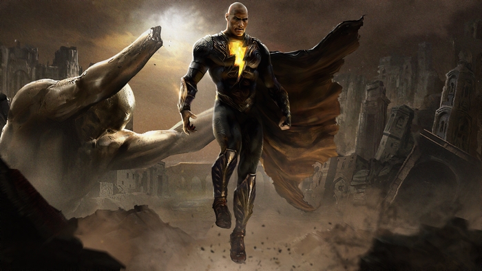 Black Adam flying in ruined city with giant statue