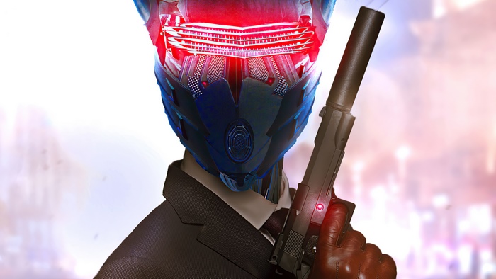 Robot assassin in suit holding a gun