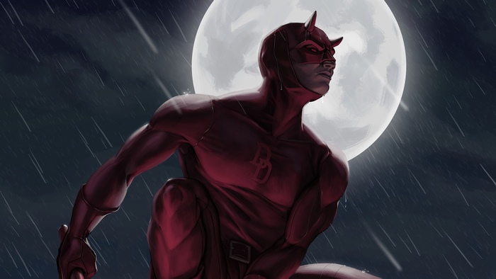 Daredevil artwork with moon and rain