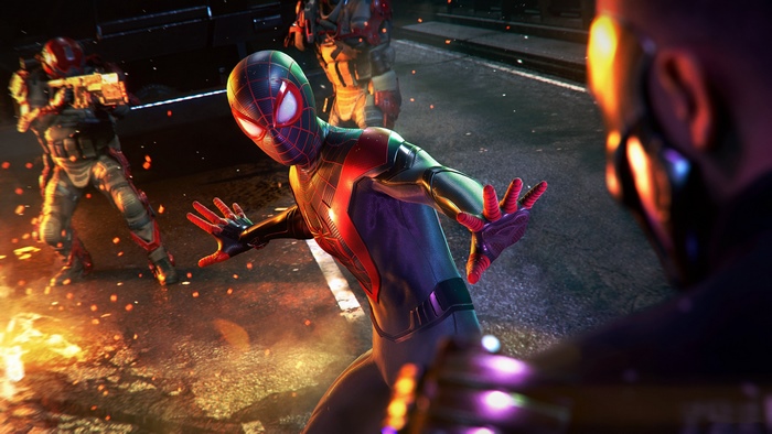 Spider-Man Miles Morales in combat with armed soldiers