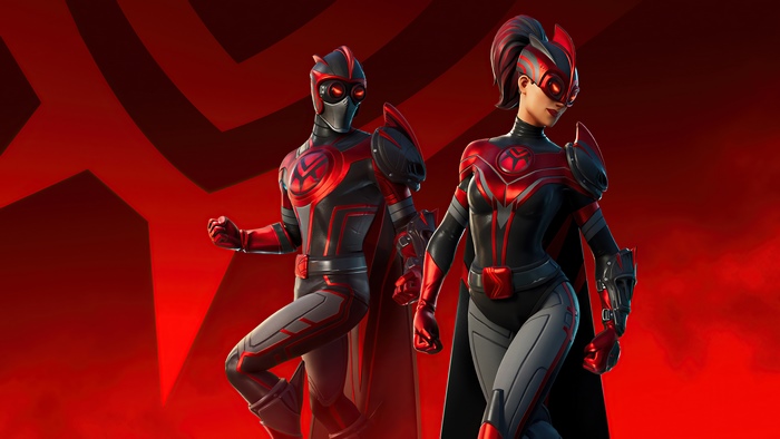 Fortnite characters in red and black suits