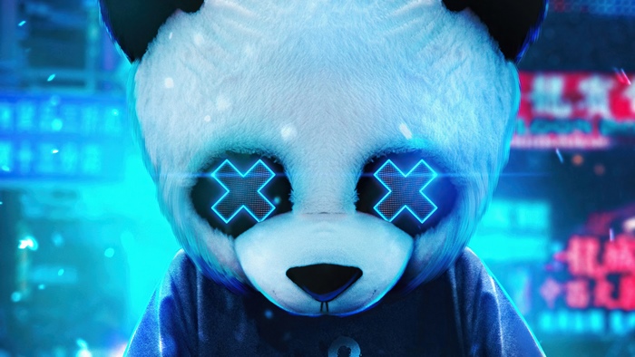 Digital art of a panda with glowing X eyes