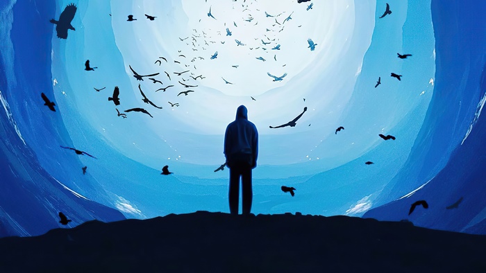 Hooded figure with birds flying around