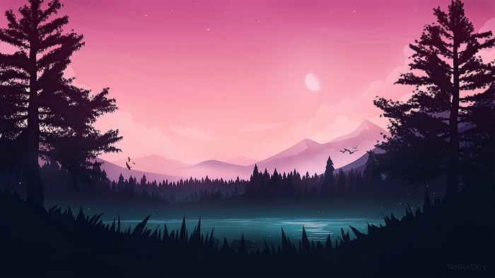 Minimalist digital art of a lake at sunset
