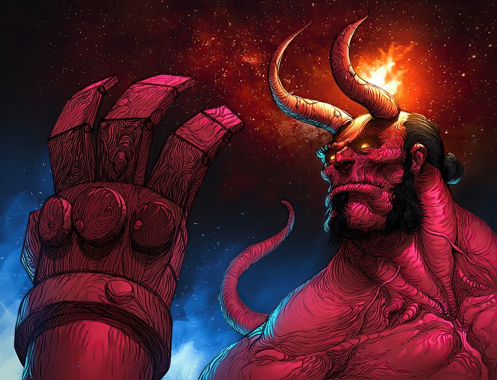 Hellboy with large stone hand and horns