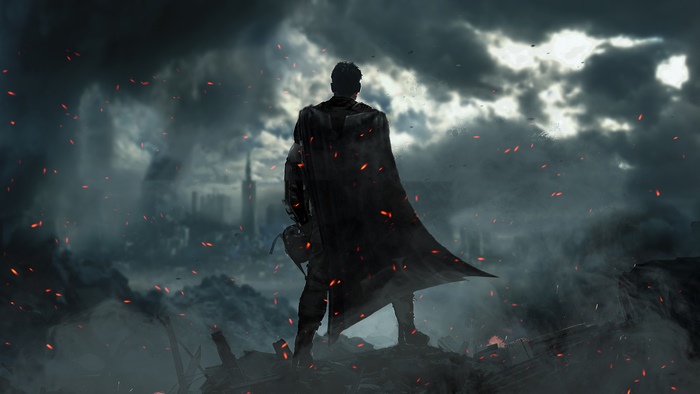 Batman from DC Comics standing in a destroyed city