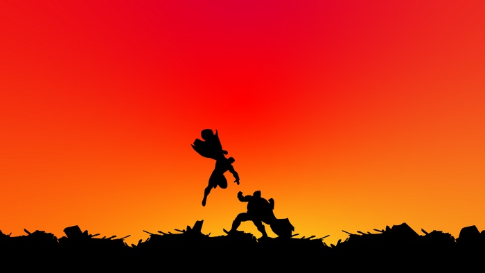 Superman and Batman fighting at sunset