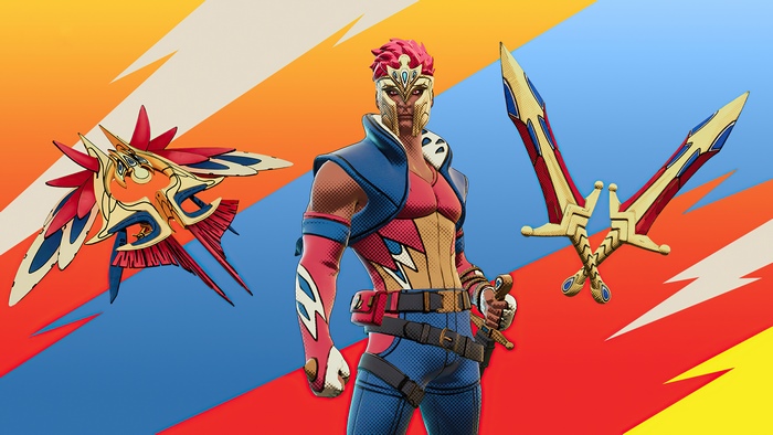 Fortnite character with glider and swords