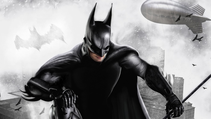 Batman artwork with blimp and birds