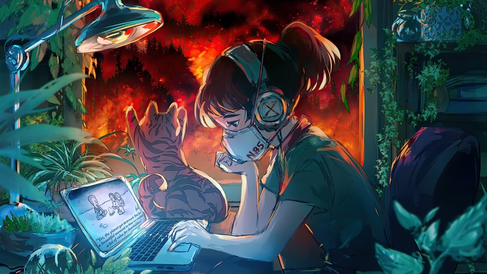 Girl with cat and laptop during forest fire