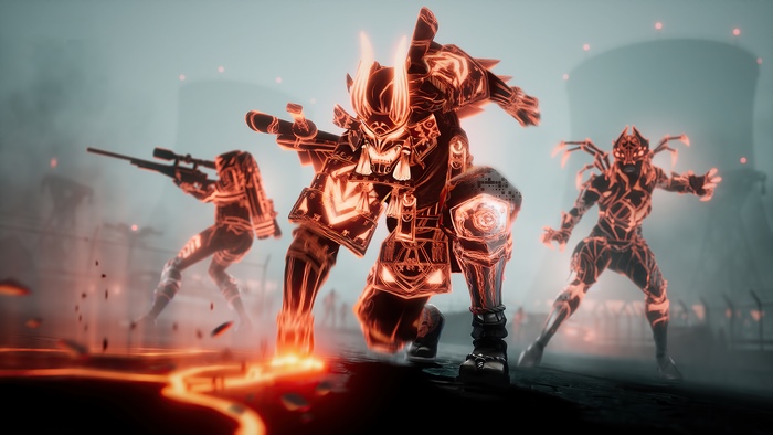 Fortnite characters with glowing orange armor