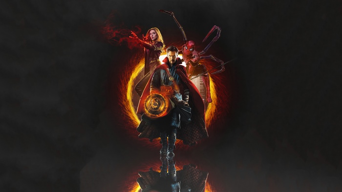 Doctor Strange, Scarlet Witch, and Spider-Man artwork