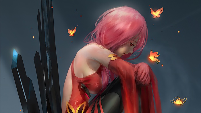 Girl with pink hair and butterflies 4K