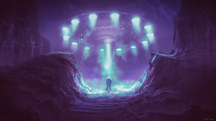 UFO hovering over a person in a canyon