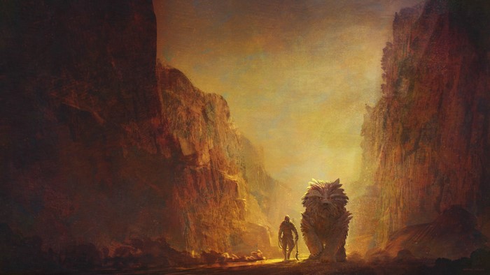 Man and creature in a canyon