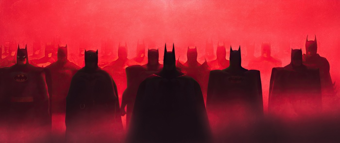 Multiple Batmen in red lighting 4K