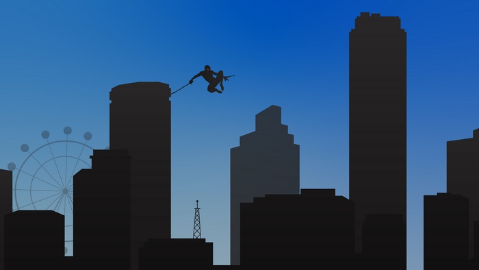 Minimalist Spiderman swinging through a city skyline