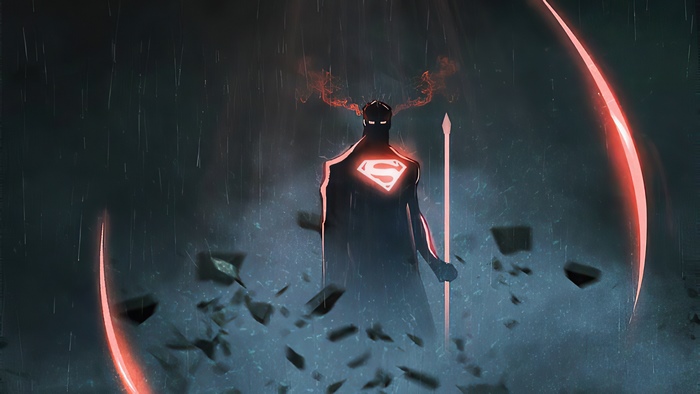 Superman with glowing S-shield and spear in rain